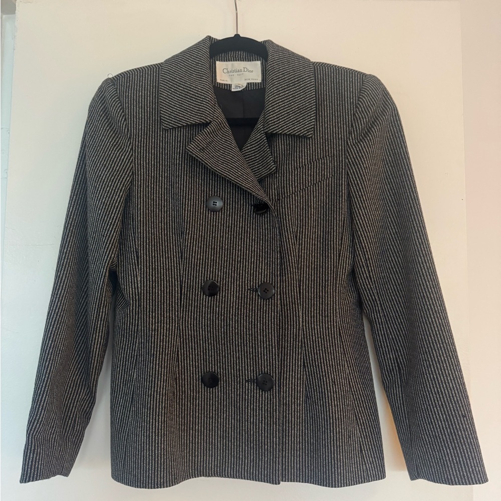 DIOR Vintage Black and White Pinstripe Double Breasted Jacket 80s Size 8 Womens